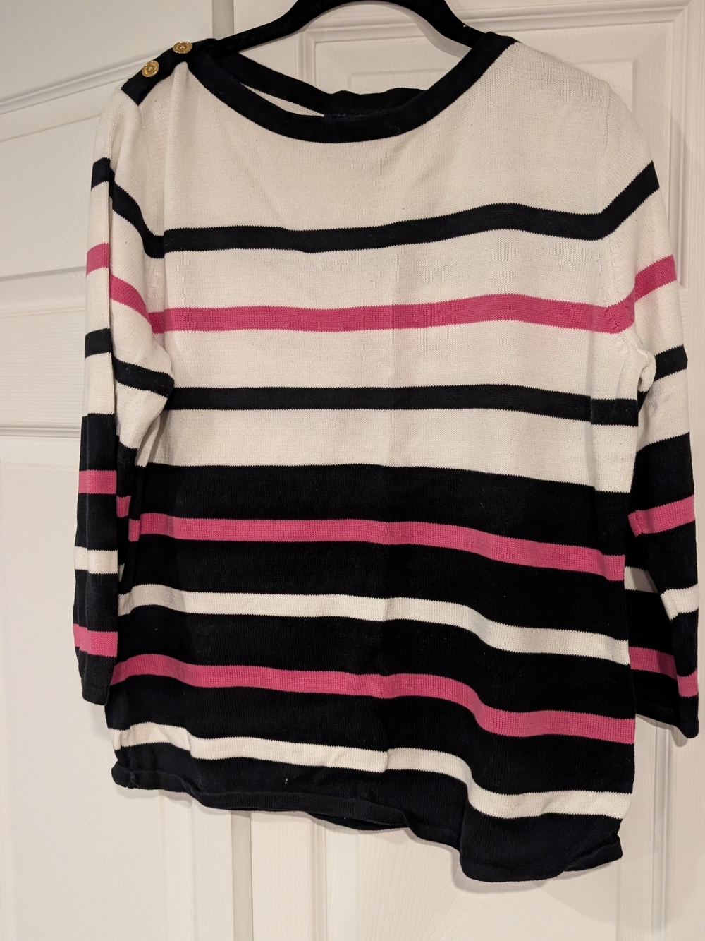 Chaps Striped Crewneck Sweater — White, Black & Pink